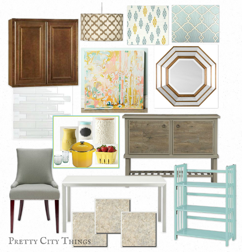 Mood Board - Mustard and Aqua Rental Kitchen Design