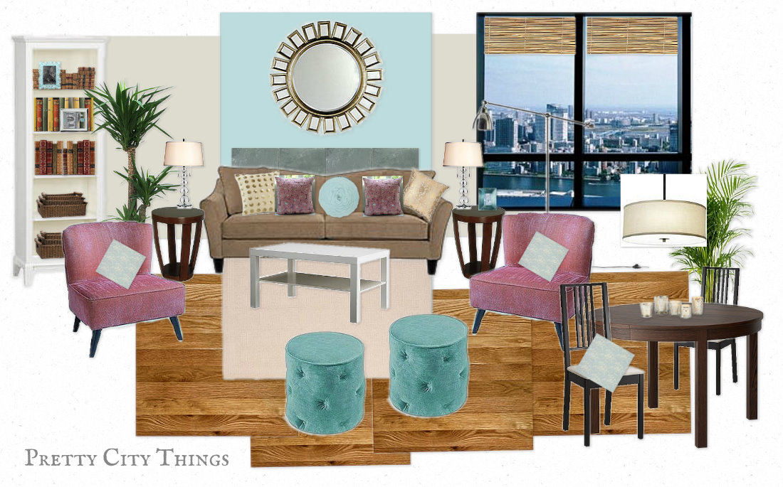 Mood Board - Teal & Pink Loft Living Room Design Plans
