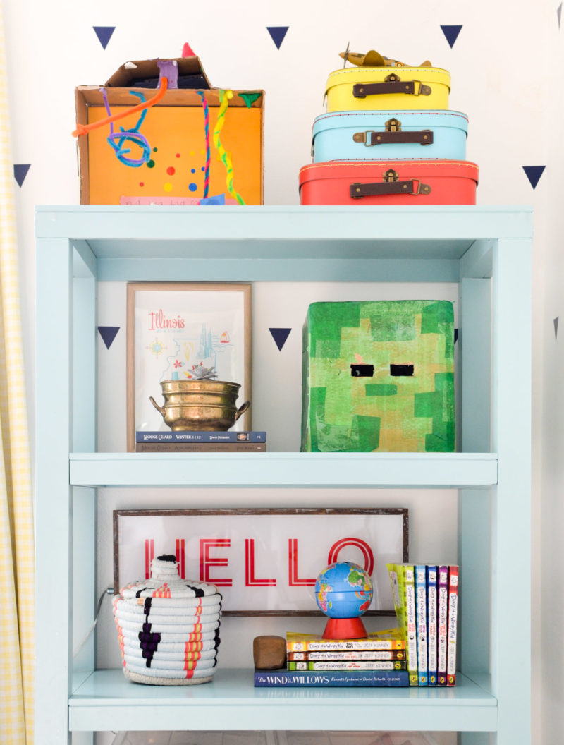 Mint bookcase with Hello light box